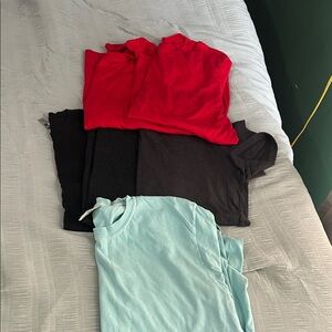 Red, Black, and Light Blue T-Shirts